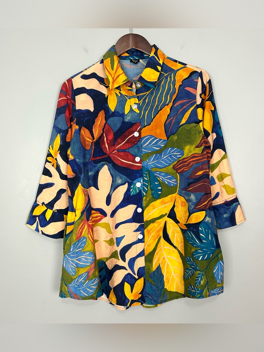 Shana Tropical Print Tunic Top Women’s Size S Button Front Colorful Pockets Art